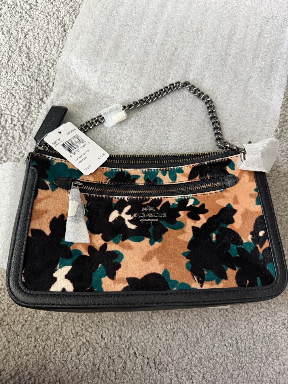 Coach Floral Shoulder Bag in Tan, Black & Teal